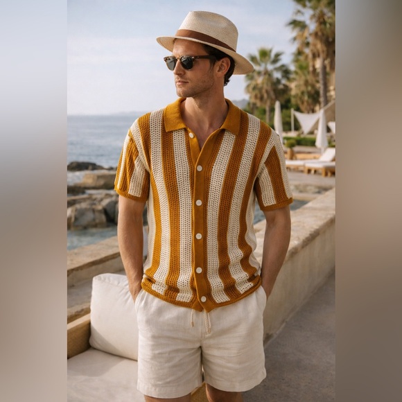 Dandy Del Mar Other - Dandy Del Mar Crochet Knit Polo Shirt Ochre Cream Stripe Cotton Resort Large